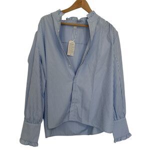 Made with Love XXL Striped Blue Button‎ Down Blouse V Neck